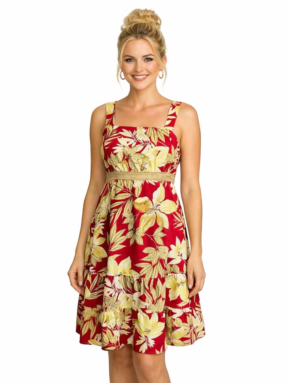 R&K Originals Red Tropical Floral Sundress Size 10 Cotton Spandex Summer Dress - Picture 1 of 11